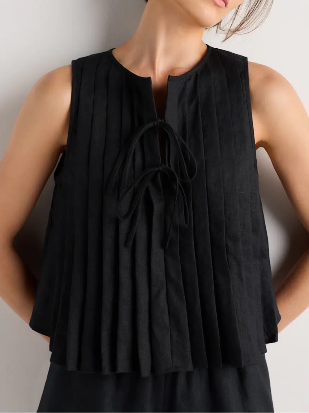 Quince Black Pleated Tie-Front Crop Top